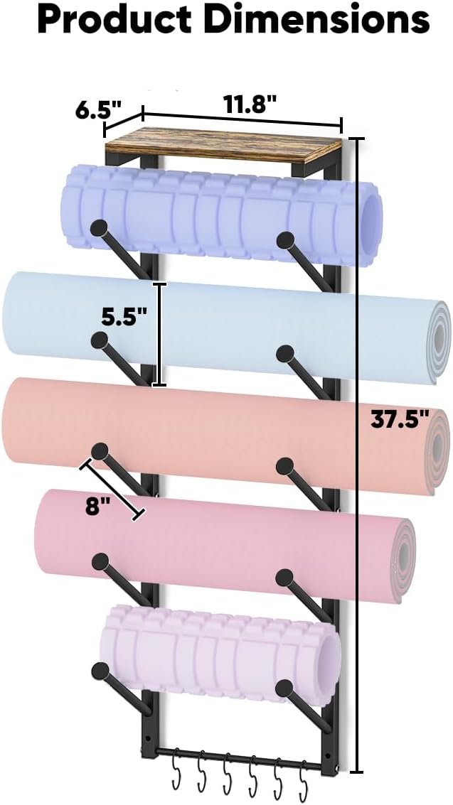 5-Tier Yoga Mat Rack with Hooks & Shelf