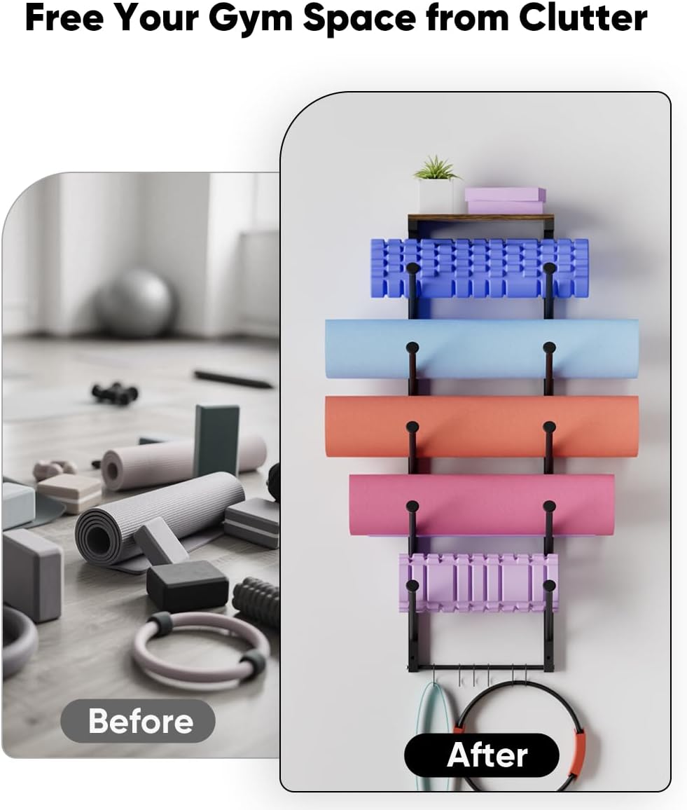 5-Tier Yoga Mat Rack with Hooks & Shelf