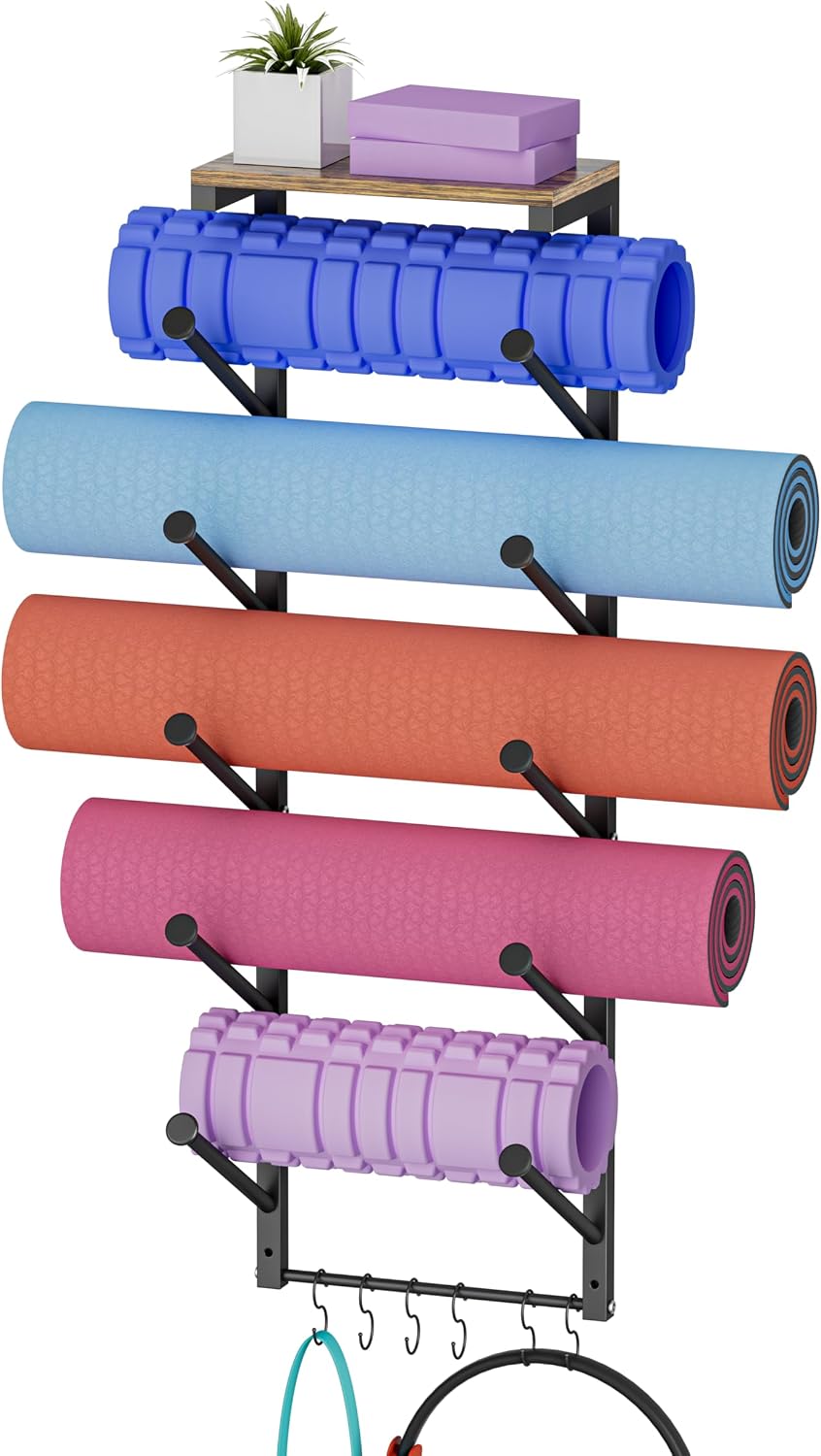 5-Tier Yoga Mat Rack with Hooks & Shelf