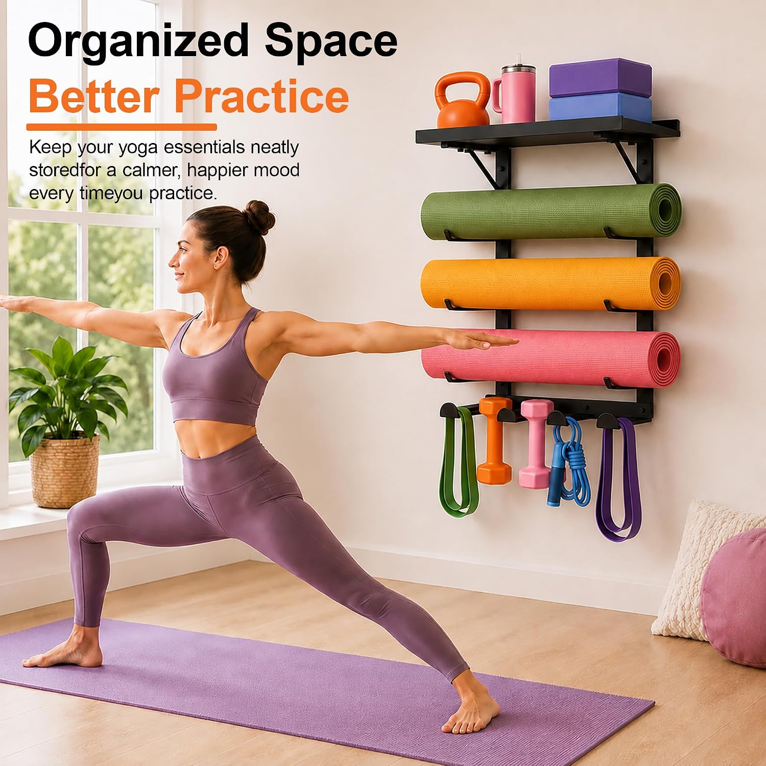 Yoga Mat Wall Rack with Hooks & Slots